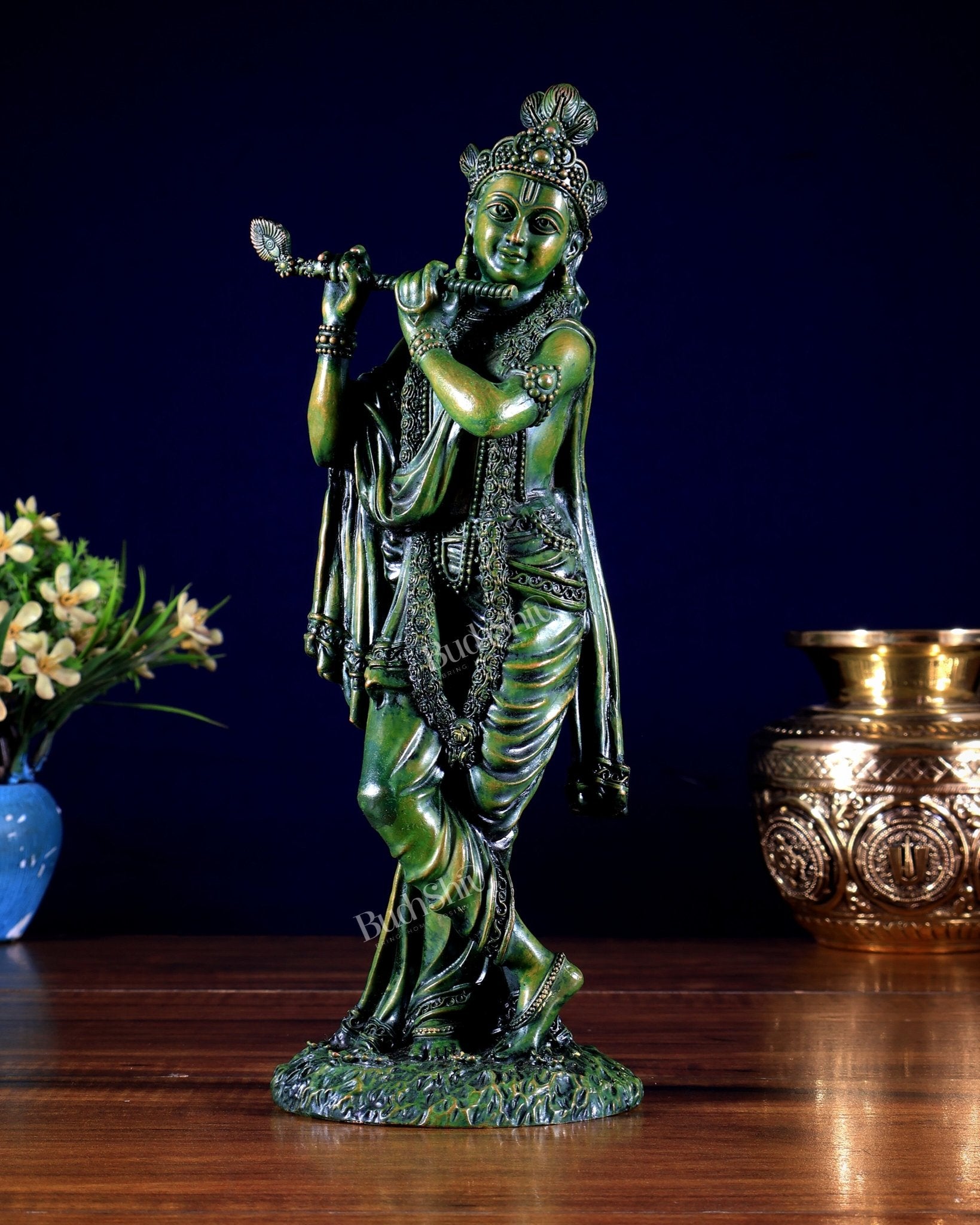 Intricate Superfine brass Lord Krishna in a green finish 10 inch - Budhshiv.com