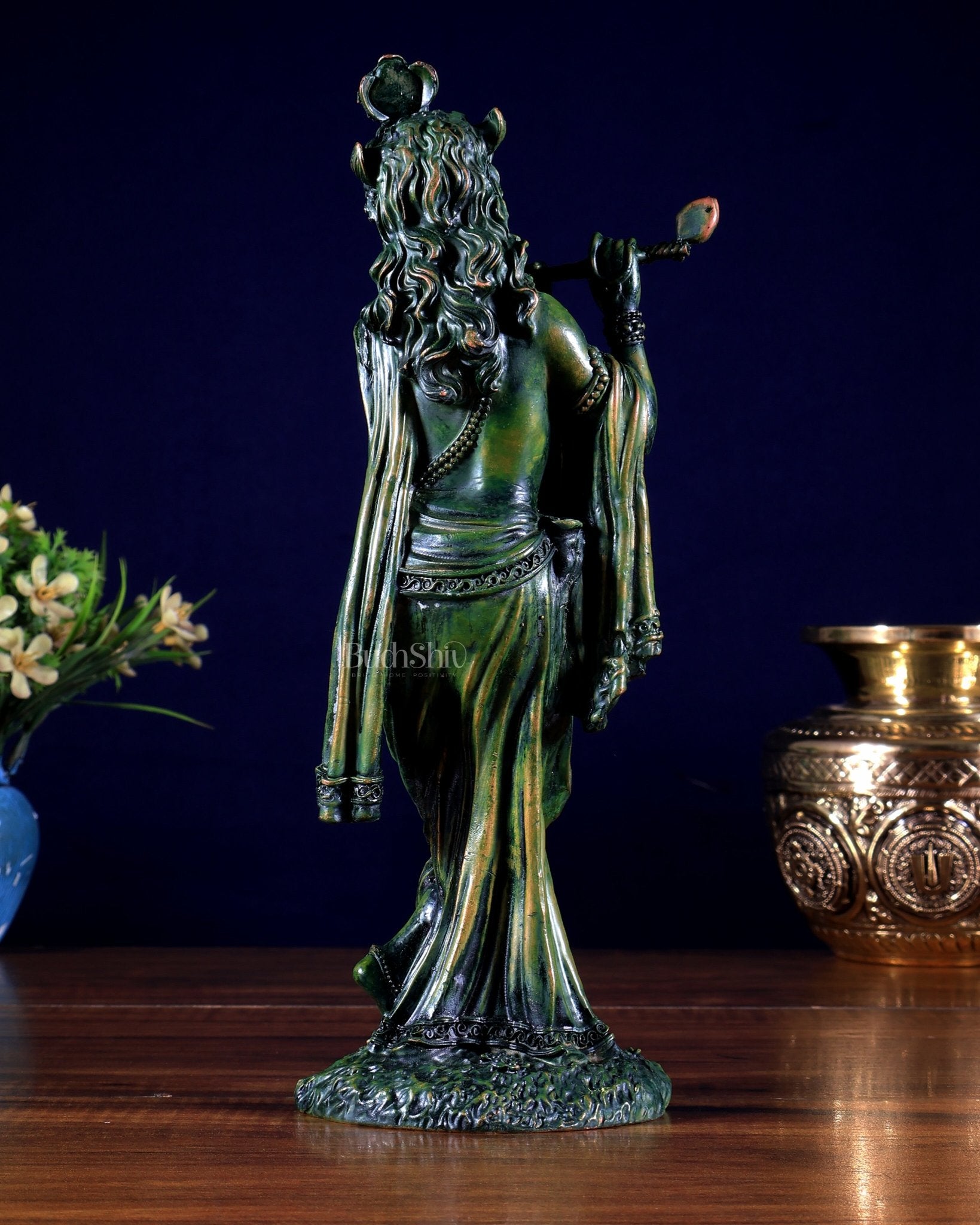 Intricate Superfine brass Lord Krishna in a green finish 10 inch - Budhshiv.com