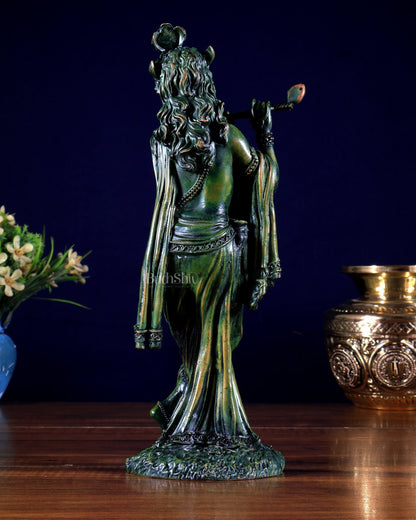 Intricate Superfine brass Lord Krishna in a green finish 10 inch - Budhshiv.com