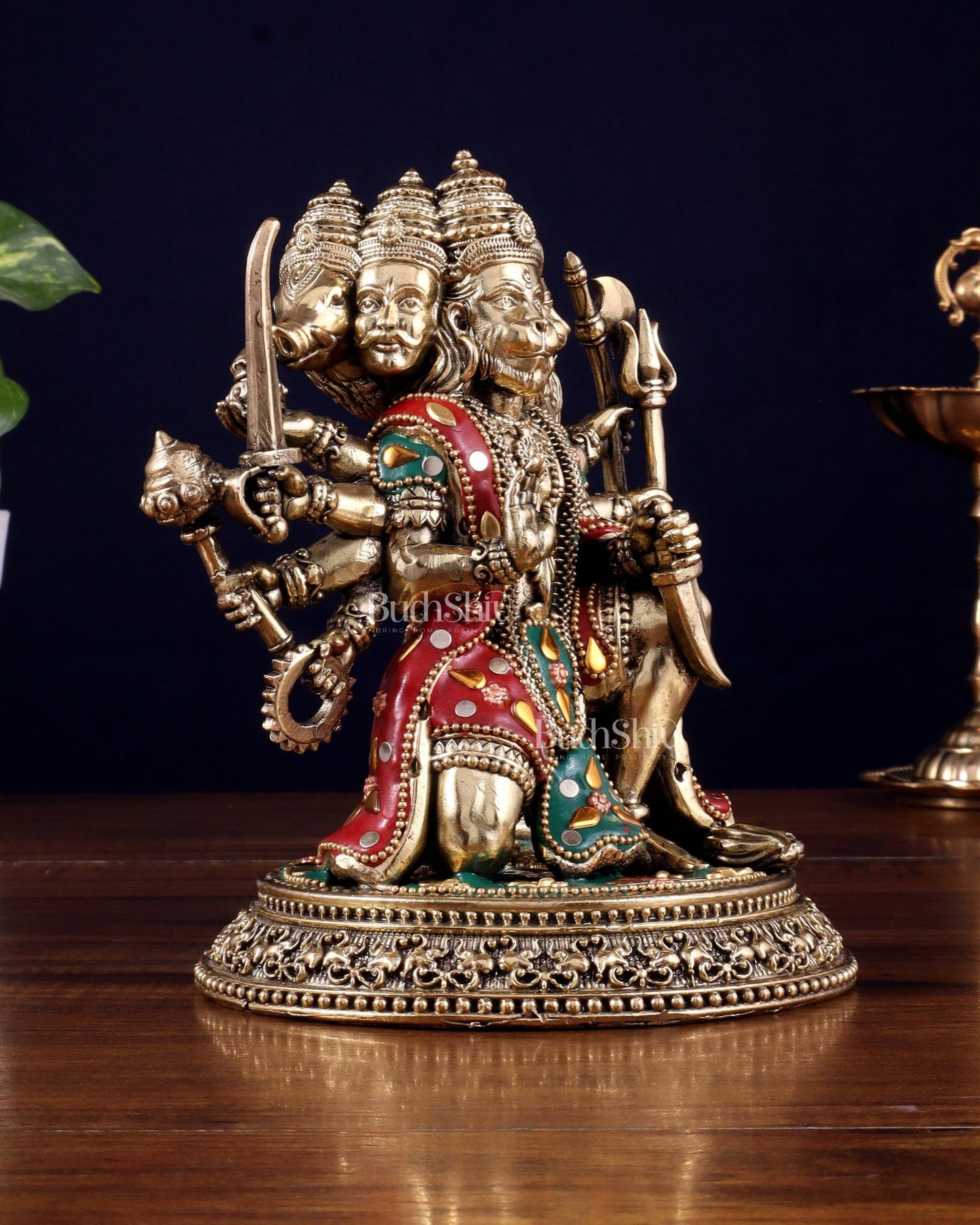 Intricate Superfine Brass Panchmukhi Hanuman Idol - 6" Tall meenakari - Budhshiv.com