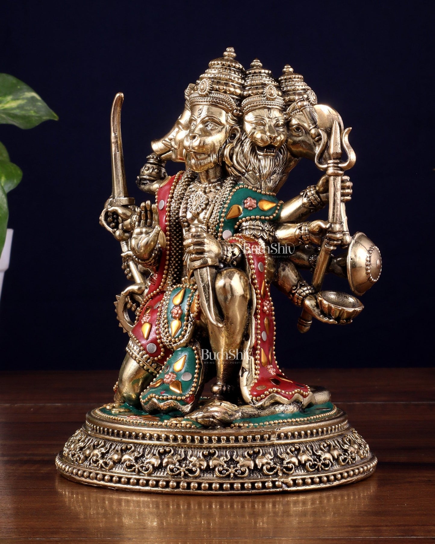 Intricate Superfine Brass Panchmukhi Hanuman Idol - 6" Tall meenakari - Budhshiv.com