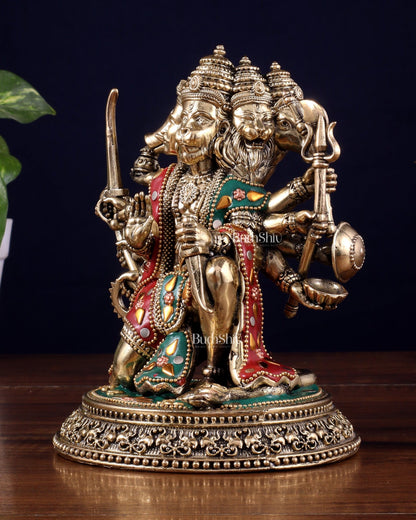 Intricate Superfine Brass Panchmukhi Hanuman Idol - 6" Tall meenakari - Budhshiv.com