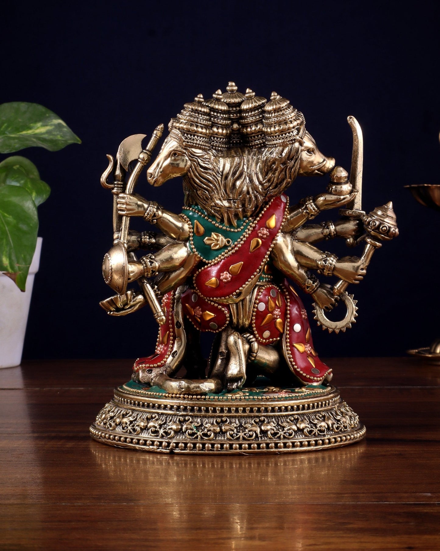 Intricate Superfine Brass Panchmukhi Hanuman Idol - 6" Tall meenakari - Budhshiv.com