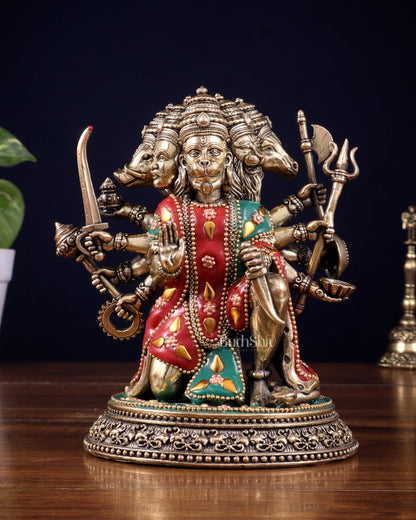 Intricate Superfine Brass Panchmukhi Hanuman Idol with meenakari Stonework - 7" Tall - Budhshiv.com