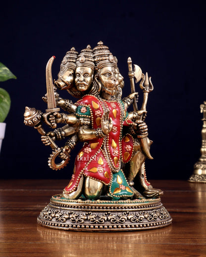 Intricate Superfine Brass Panchmukhi Hanuman Idol with meenakari Stonework - 7" Tall - Budhshiv.com
