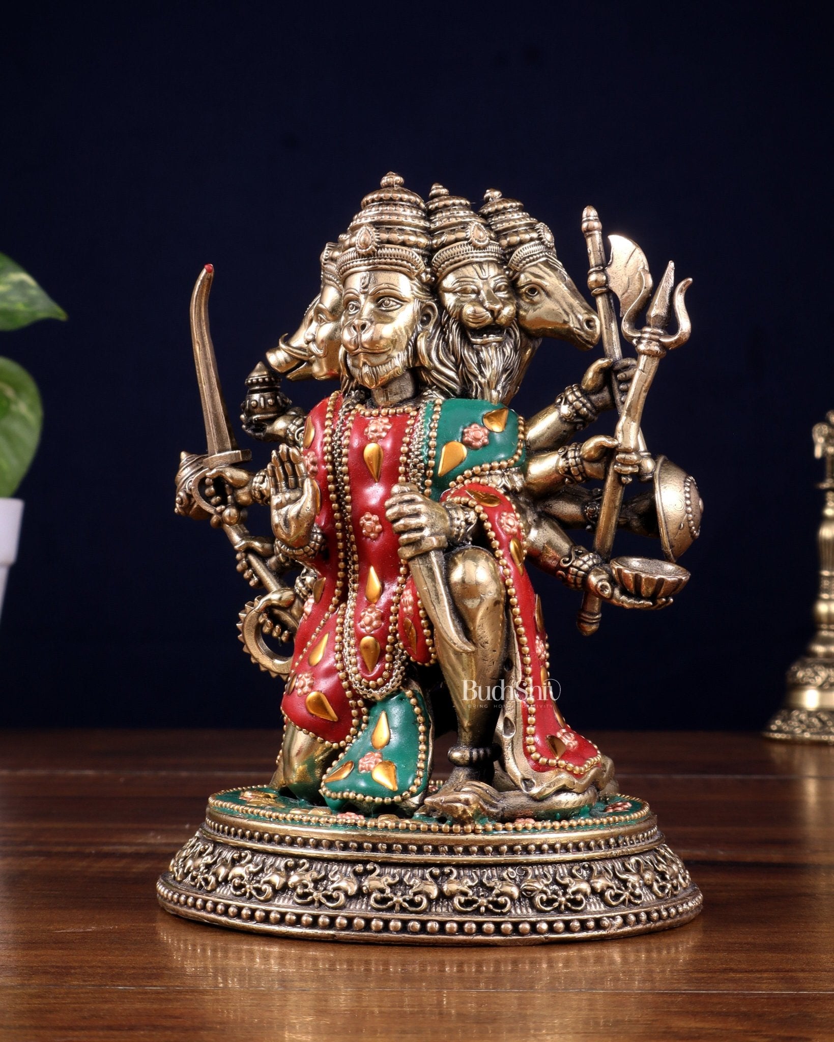 Intricate Superfine Brass Panchmukhi Hanuman Idol with meenakari Stonework - 7" Tall - Budhshiv.com