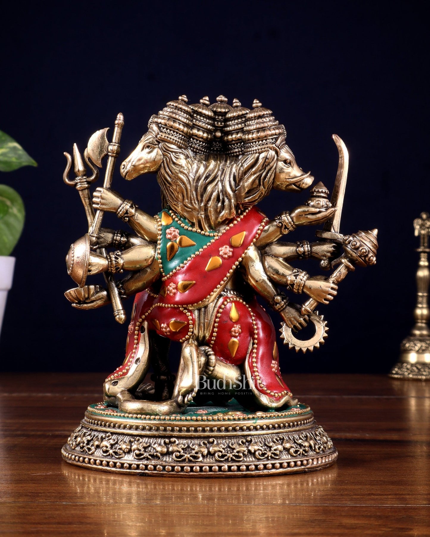 Intricate Superfine Brass Panchmukhi Hanuman Idol with meenakari Stonework - 7" Tall - Budhshiv.com