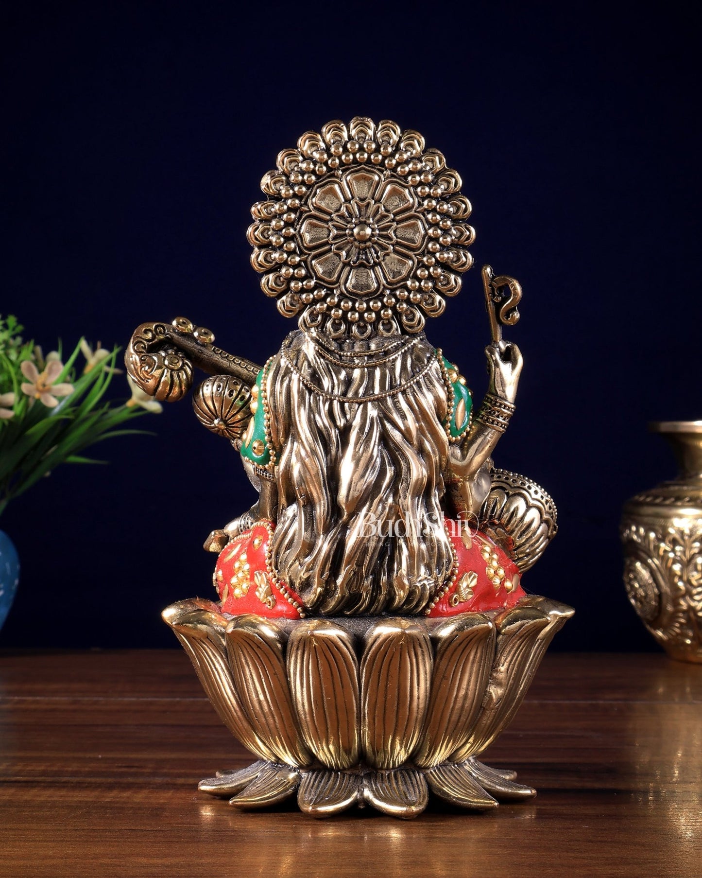 Intricate Superfine Brass Saraswati Idol - 8" Tall meenakari - Budhshiv.com