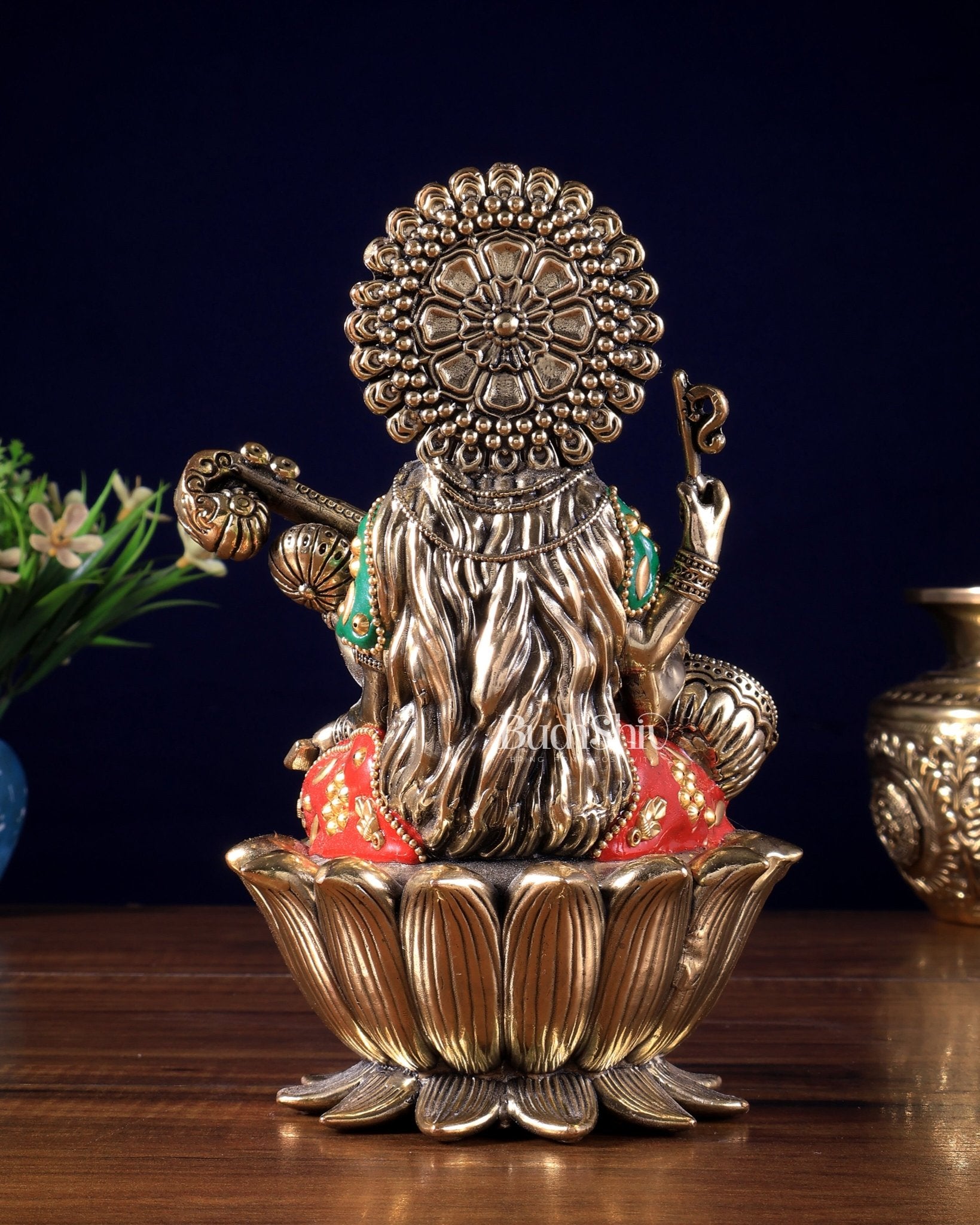 Intricate Superfine Brass Saraswati Idol - 8" Tall meenakari - Budhshiv.com