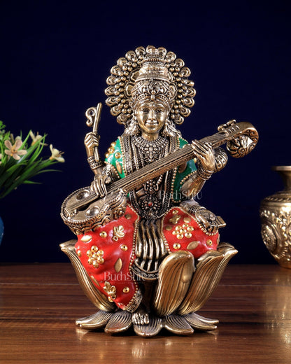 Intricate Superfine Brass Saraswati Idol - 8" Tall meenakari - Budhshiv.com