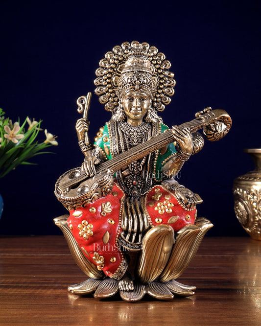 Intricate Superfine Brass Saraswati Idol - 8" Tall meenakari - Budhshiv.com