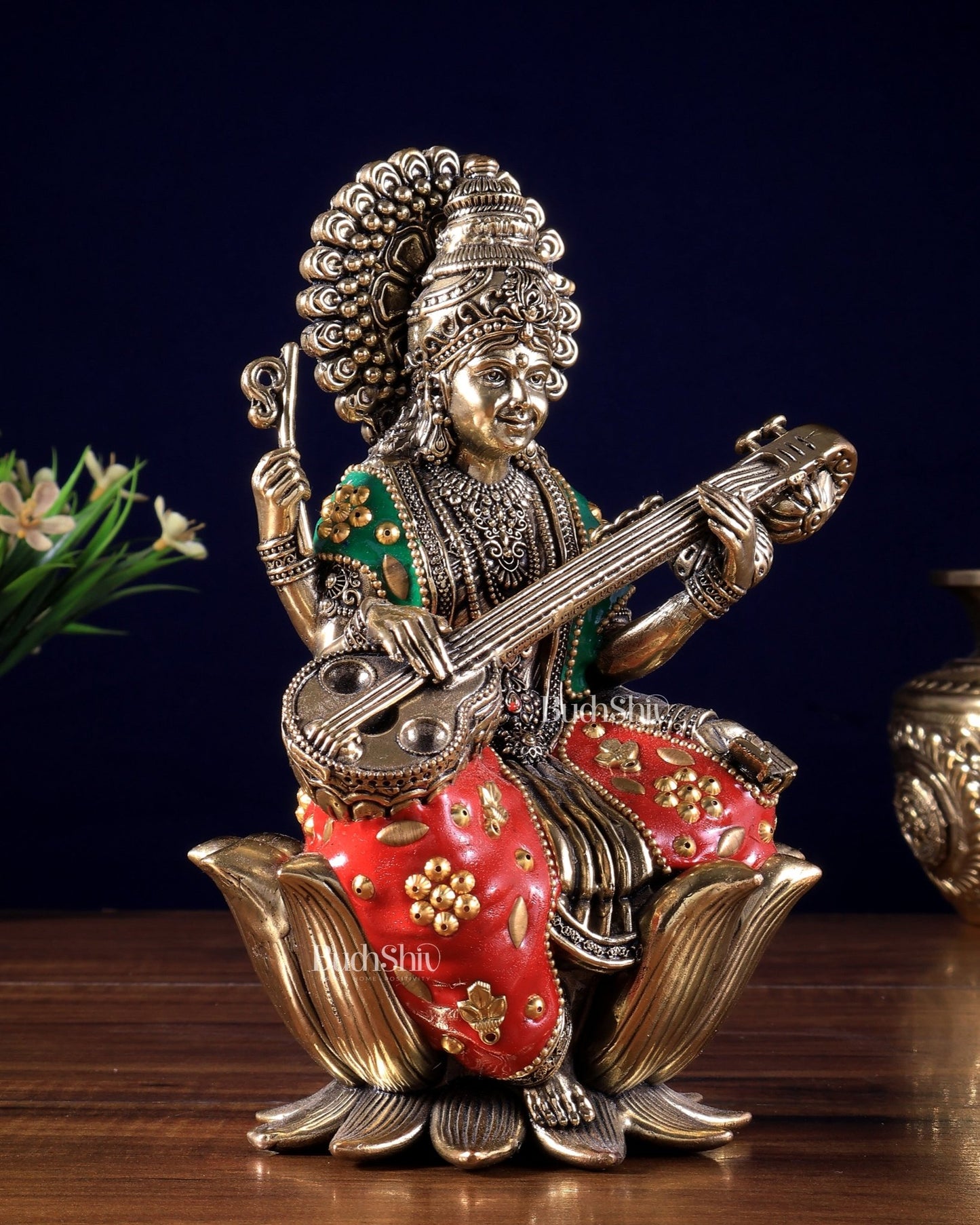 Intricate Superfine Brass Saraswati Idol - 8" Tall meenakari - Budhshiv.com