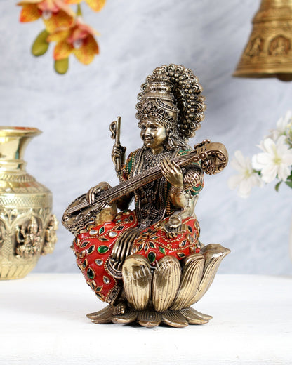 Intricate Superfine Brass Saraswati Idol - 8" Tall multicolour - Budhshiv.com