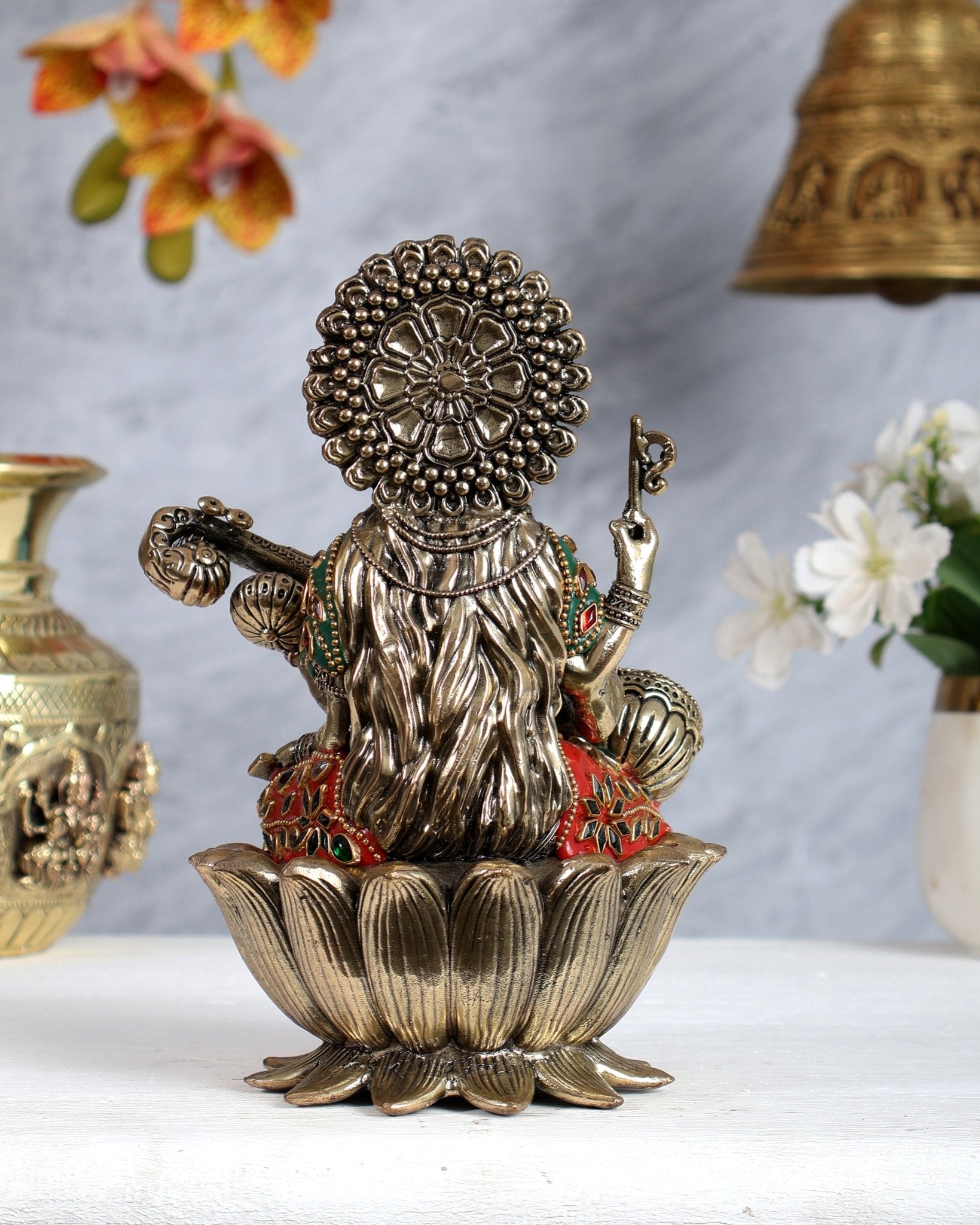 Intricate Superfine Brass Saraswati Idol - 8" Tall multicolour - Budhshiv.com
