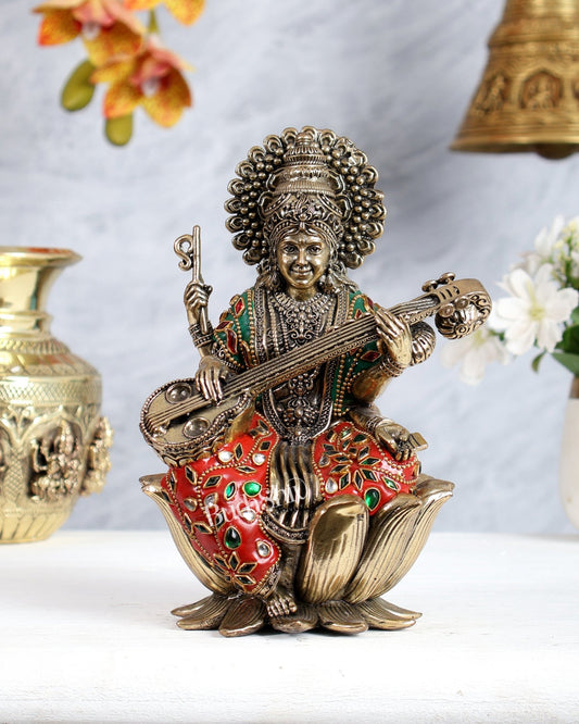 Intricate Superfine Brass Saraswati Idol - 8" Tall multicolour - Budhshiv.com