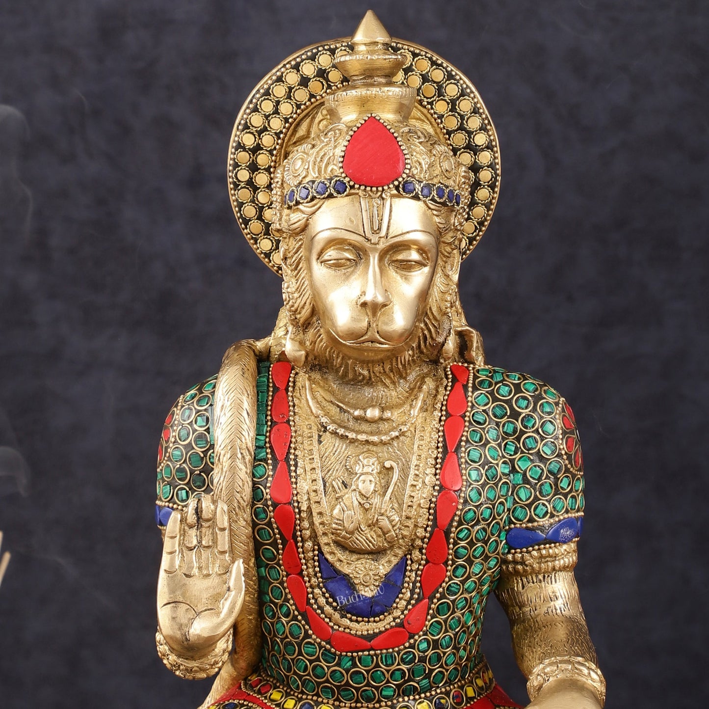 Intricately Carved Brass Lord Hanuman Idol - 11" Height, Spiritual Blessing - Budhshiv.com