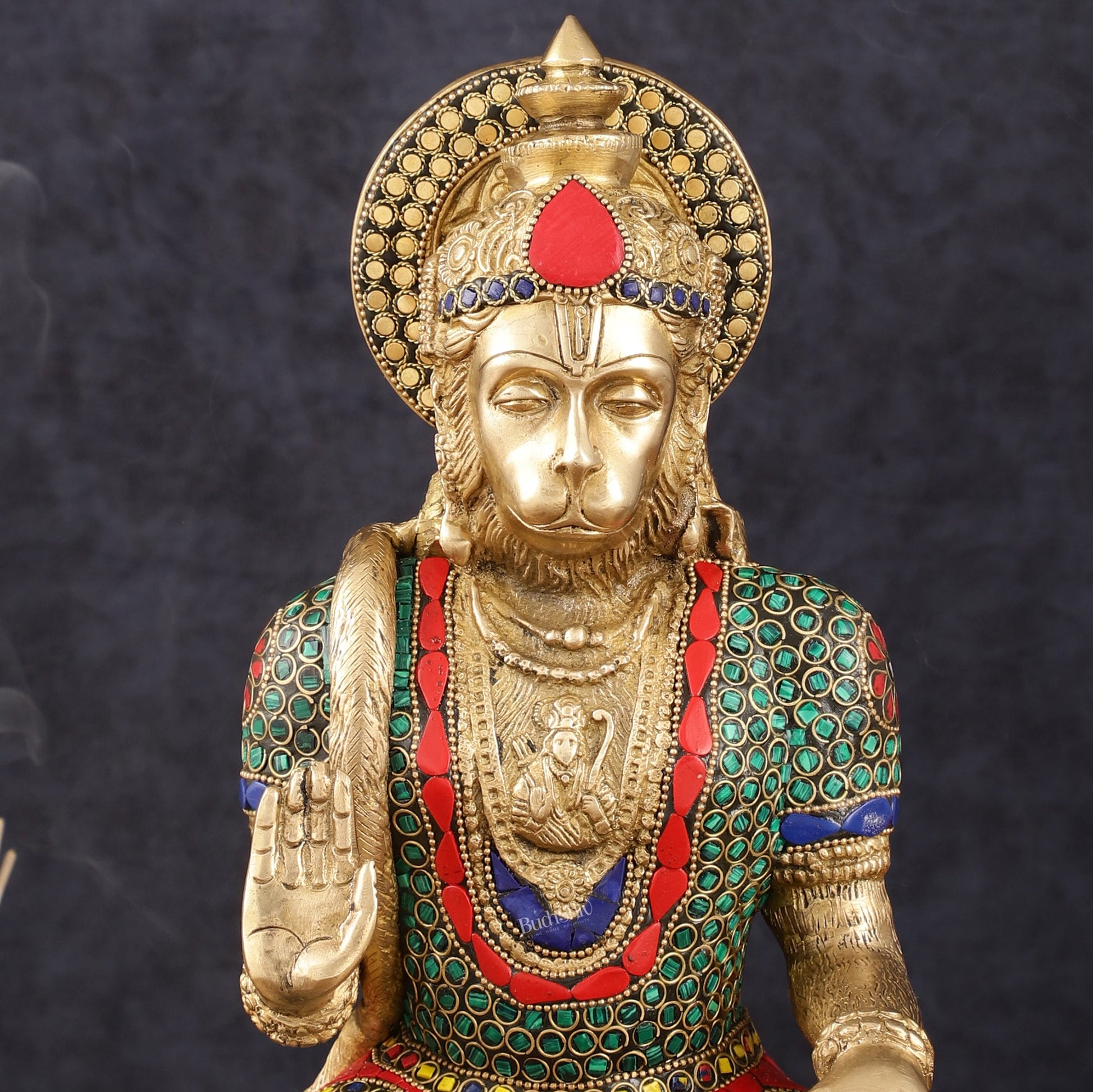 Intricately Carved Brass Lord Hanuman Idol - 11" Height, Spiritual Blessing - Budhshiv.com