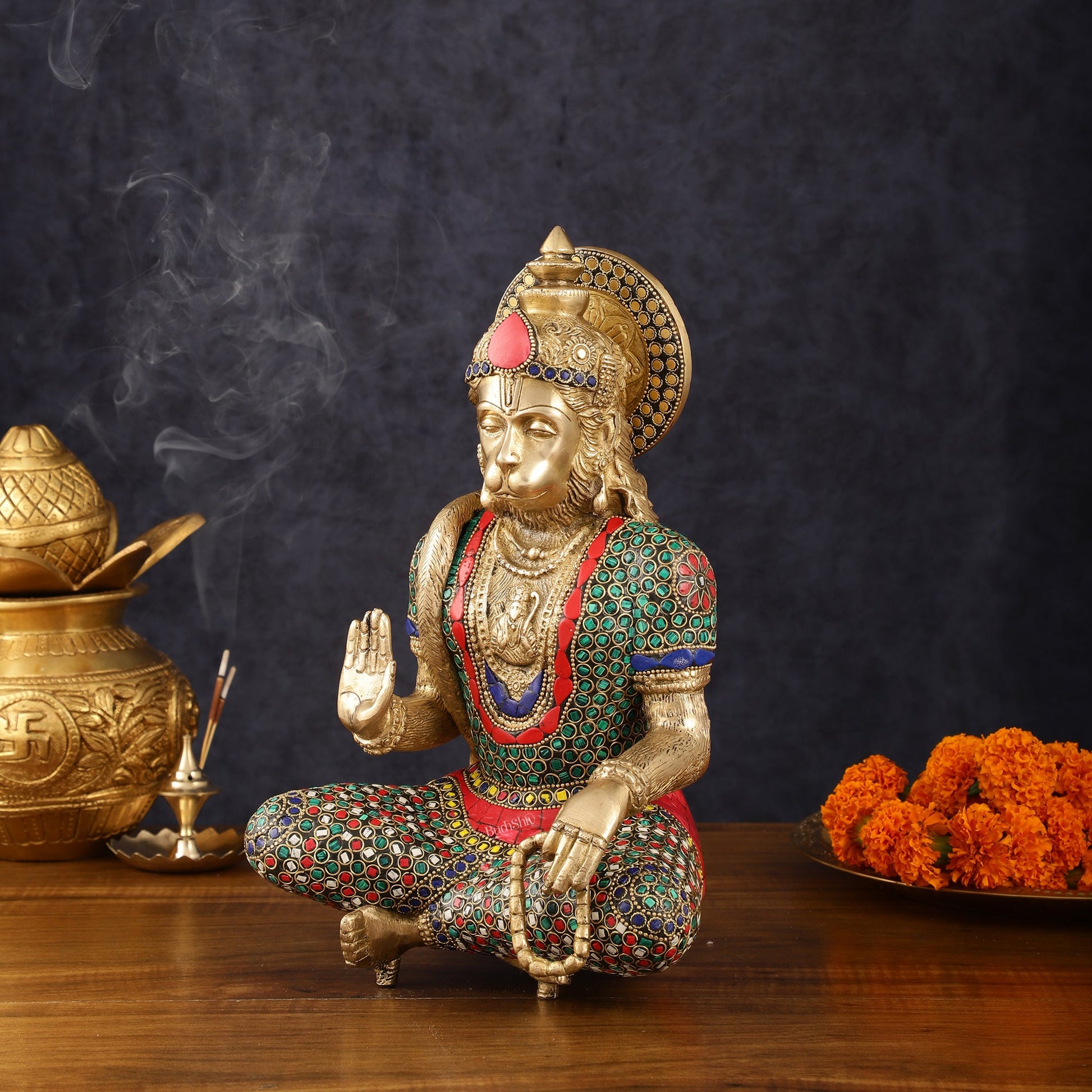 Intricately Carved Brass Lord Hanuman Idol - 11" Height, Spiritual Blessing - Budhshiv.com