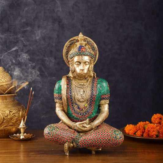 Intricately Carved Brass Lord Hanuman Idol - 11" Height, Spiritual Decor - Budhshiv.com