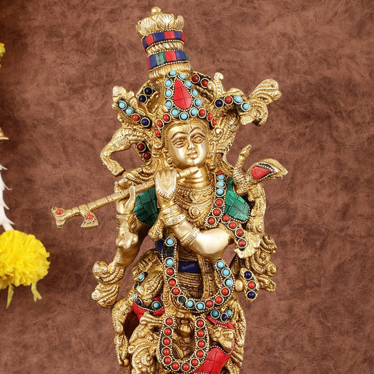 Intricately Crafted Brass Krishna Idol with Stonework - 15" - Budhshiv.com