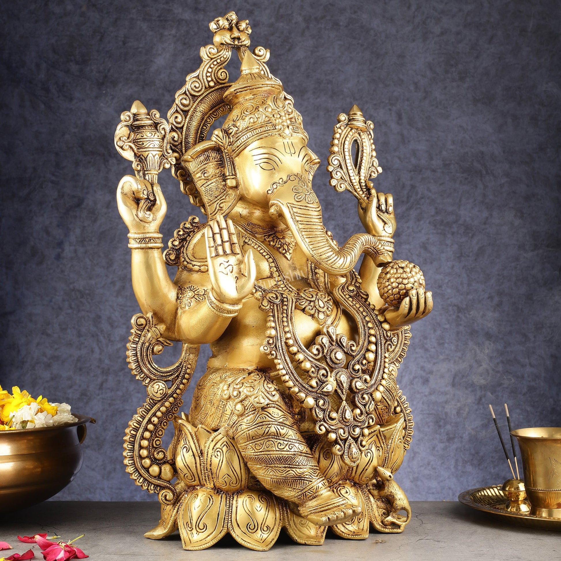 Kamal Ganesha Brass Idol 21 " enhanced carvings - Budhshiv.com