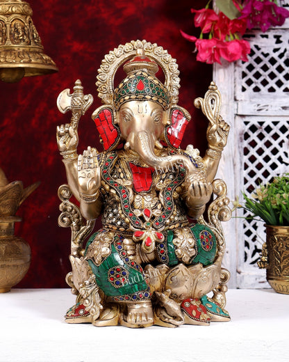 Kamalasana Ganesha Brass idol with stonework 12 inch Ganpati on lotus base - Budhshiv.com