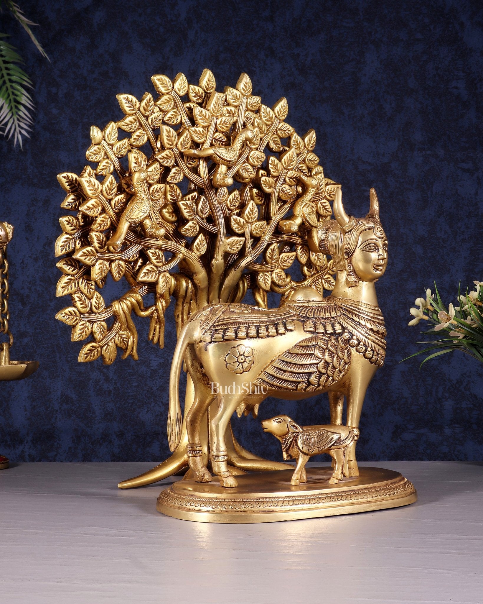 Kamdhenu Cow with Calf and Kalpavriksha Tree of Life – Antique Finish Brass Set 12" - Budhshiv.com