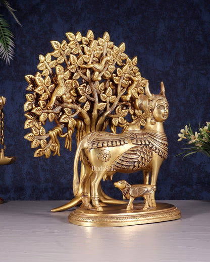 Kamdhenu Cow with Calf and Kalpavriksha Tree of Life – Antique Finish Brass Set 12" - Budhshiv.com