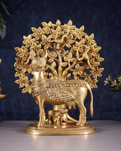 Kamdhenu Cow with Calf and Kalpavriksha Tree of Life – Antique Finish Brass Set 12" - Budhshiv.com