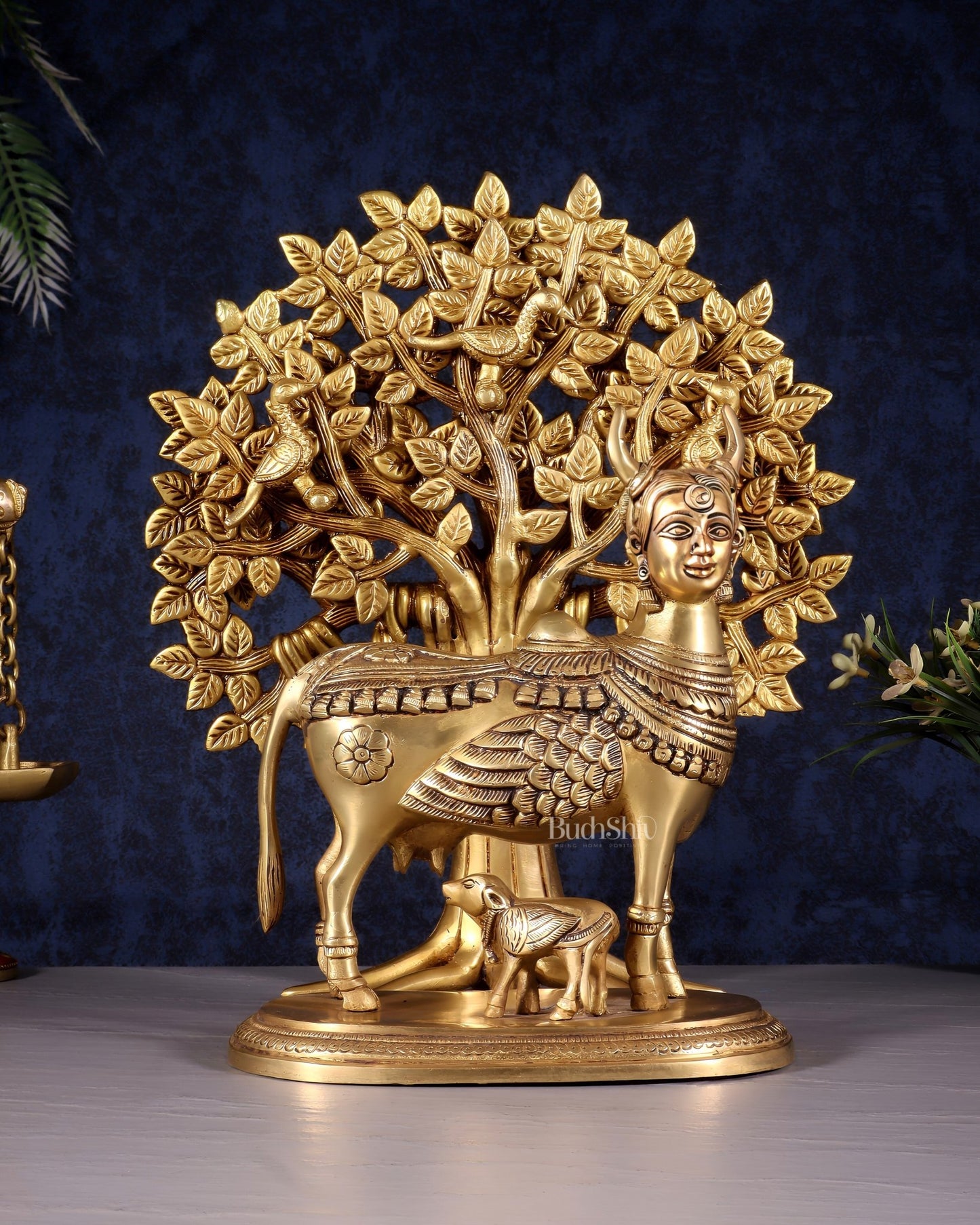 Kamdhenu Cow with Calf and Kalpavriksha Tree of Life – Antique Finish Brass Set 12" - Budhshiv.com