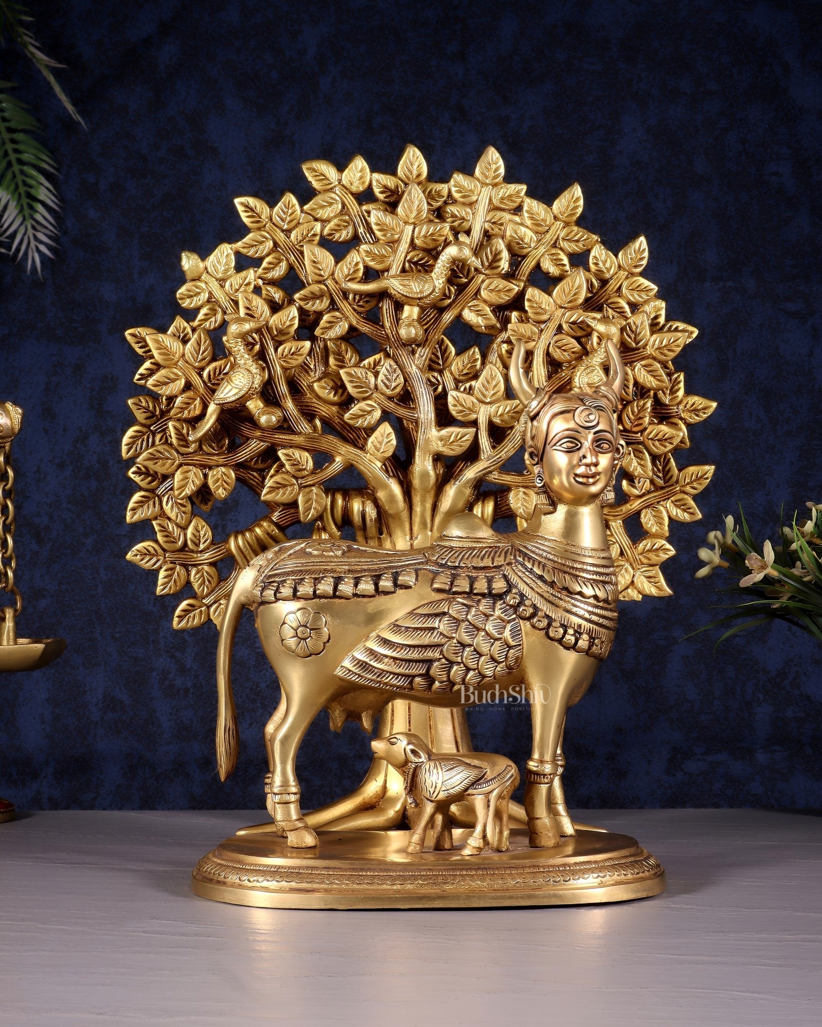Kamdhenu Cow with Calf and Kalpavriksha Tree of Life – Antique Finish Brass Set 12" - Budhshiv.com