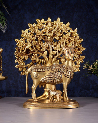 Kamdhenu Cow with Calf and Kalpavriksha Tree of Life – Antique Finish Brass Set 12" - Budhshiv.com