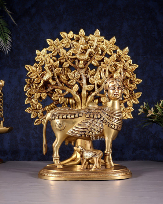 Kamdhenu Cow with Calf and Kalpavriksha Tree of Life – Antique Finish Brass Set 12" - Budhshiv.com