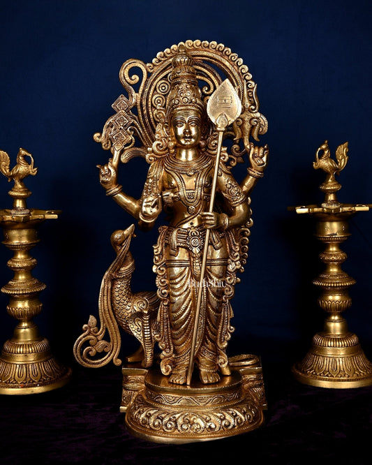 Kartikeya Lord Murugun Brass Superfine Statue 20" enhanced carvings - Budhshiv.com
