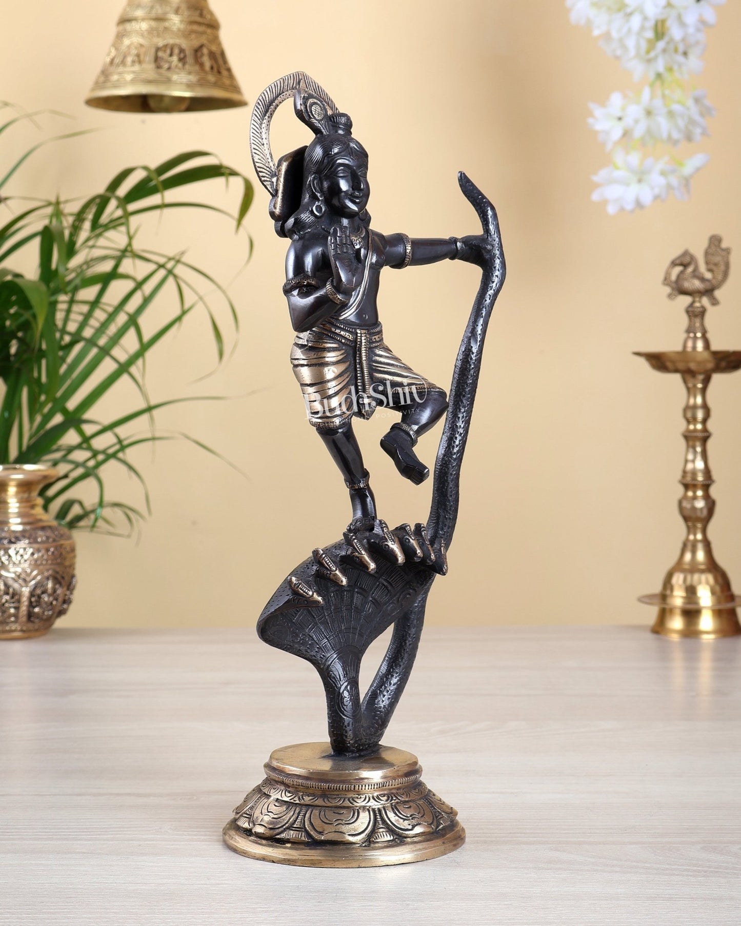 Krishna Dancing on Kaliya Naag Brass Idol 13" Black finish - Budhshiv.com
