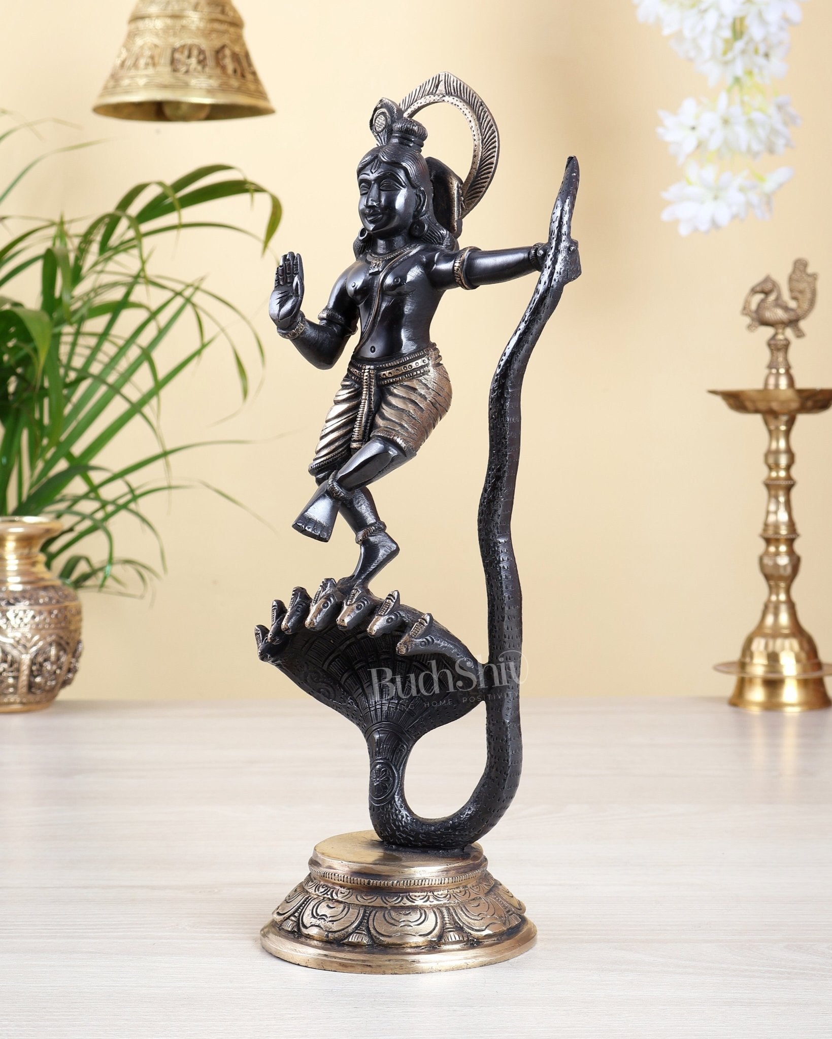 Krishna Dancing on Kaliya Naag Brass Idol 13" Black finish - Budhshiv.com