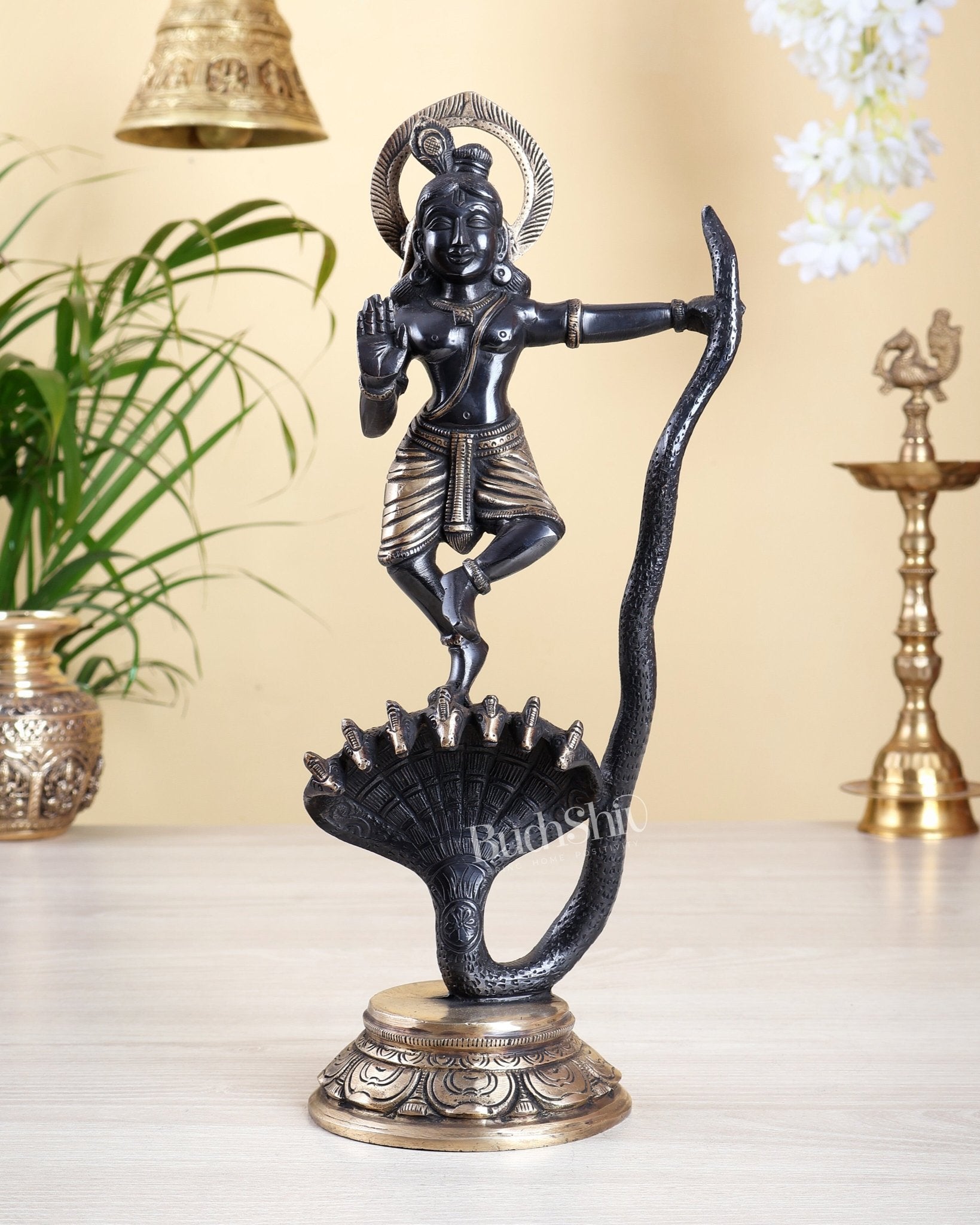Krishna Dancing on Kaliya Naag Brass Idol 13" Black finish - Budhshiv.com