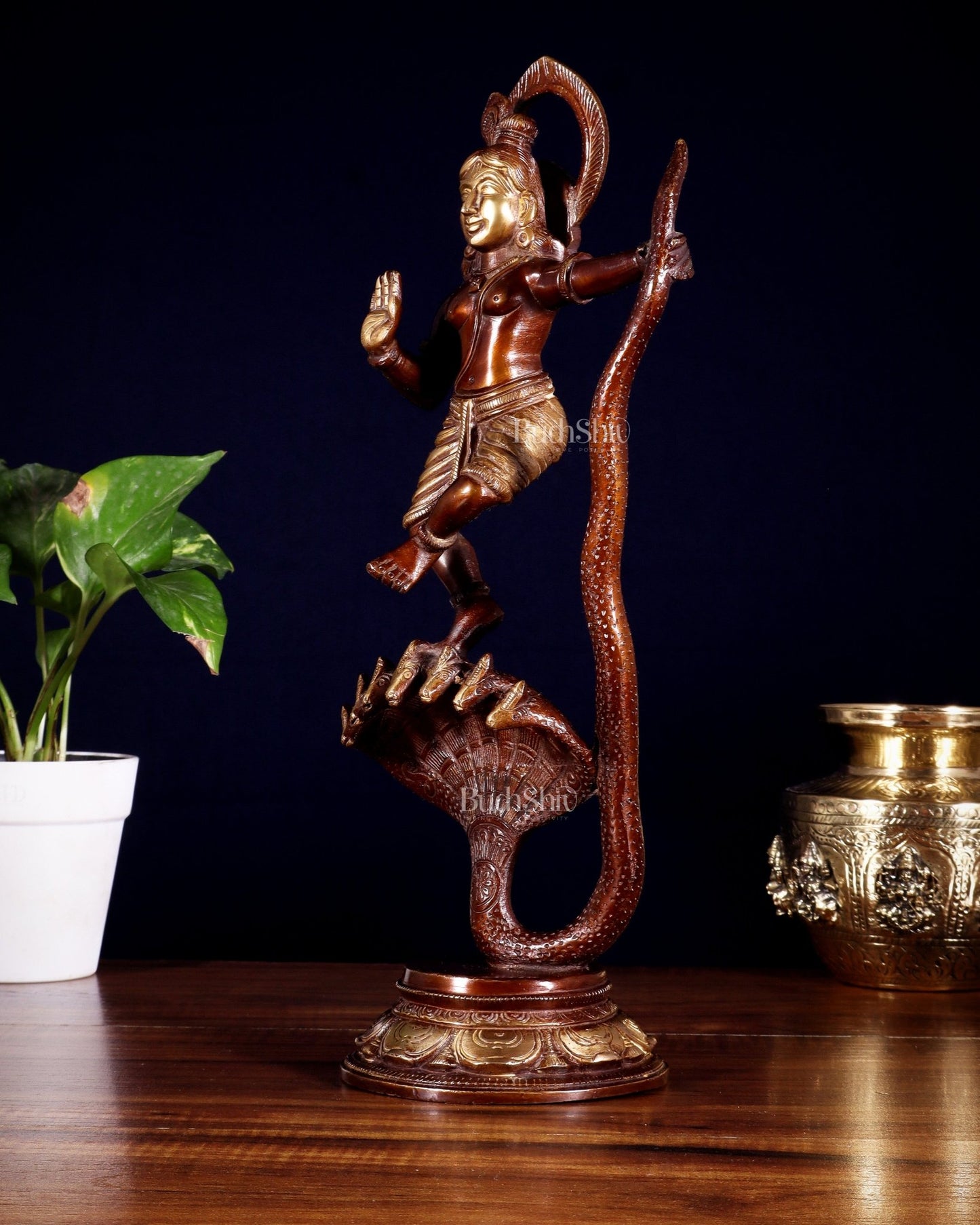 Krishna Dancing on Kaliya Naag Brass Idol 13" dual tone - Budhshiv.com
