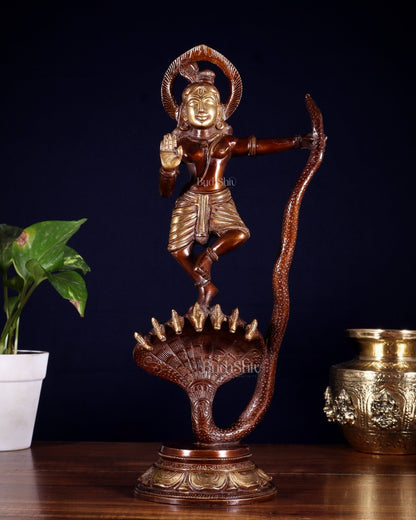 Krishna Dancing on Kaliya Naag Brass Idol 13" dual tone - Budhshiv.com