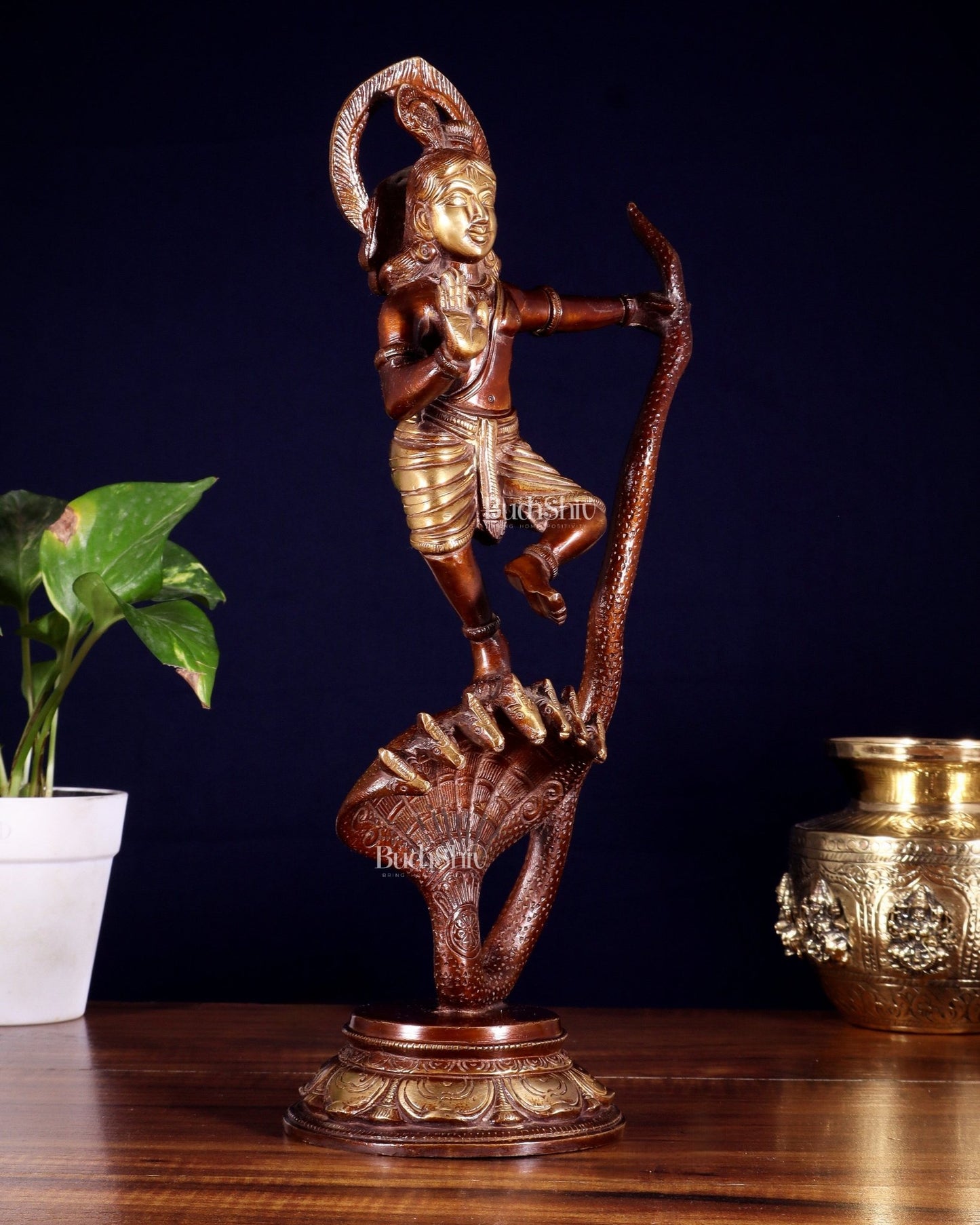 Krishna Dancing on Kaliya Naag Brass Idol 13" dual tone - Budhshiv.com