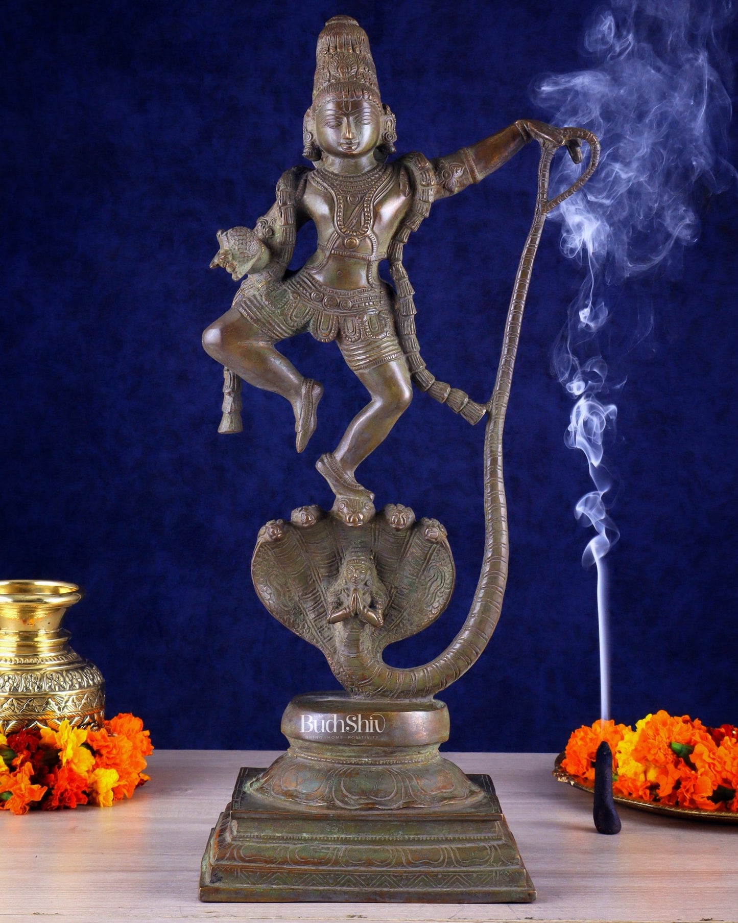 Krishna Dancing on Kaliya Naag: Brass Idol 20" kaliya daman - Budhshiv.com