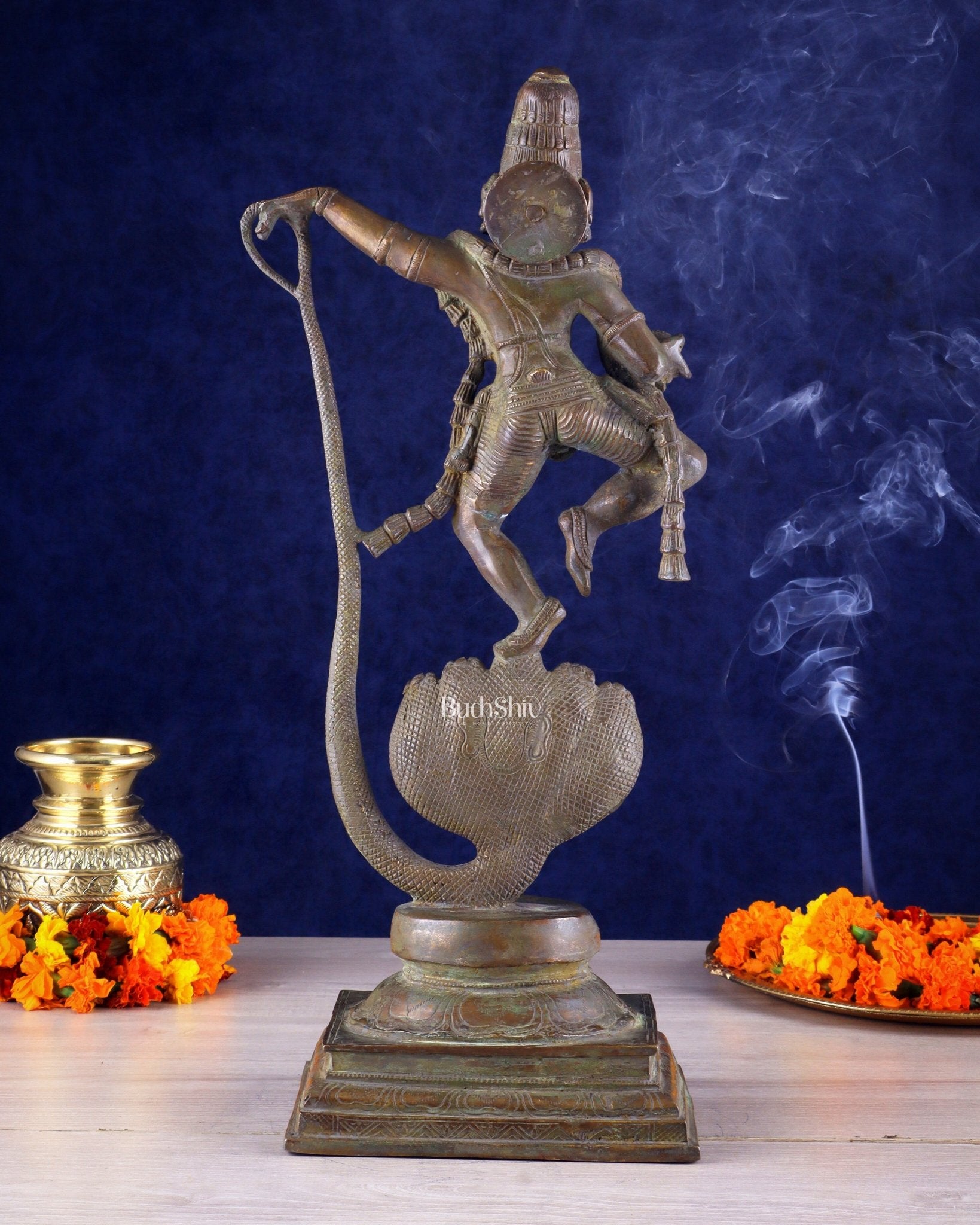 Krishna Dancing on Kaliya Naag: Brass Idol 20" kaliya daman - Budhshiv.com