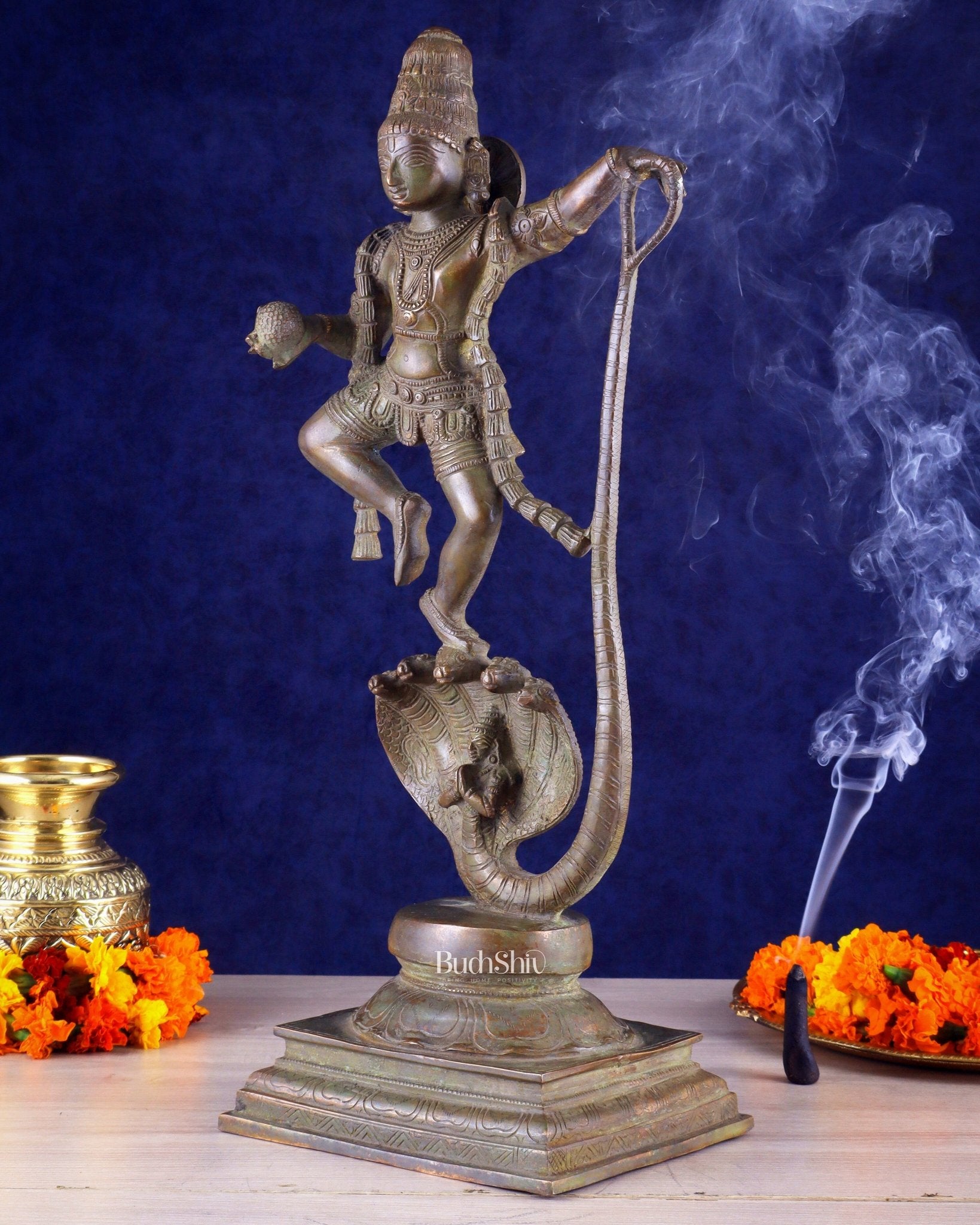 Krishna Dancing on Kaliya Naag: Brass Idol 20" kaliya daman - Budhshiv.com