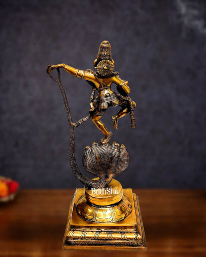 Krishna Dancing on Kaliya Naag: Brass Idol 20" - Budhshiv.com