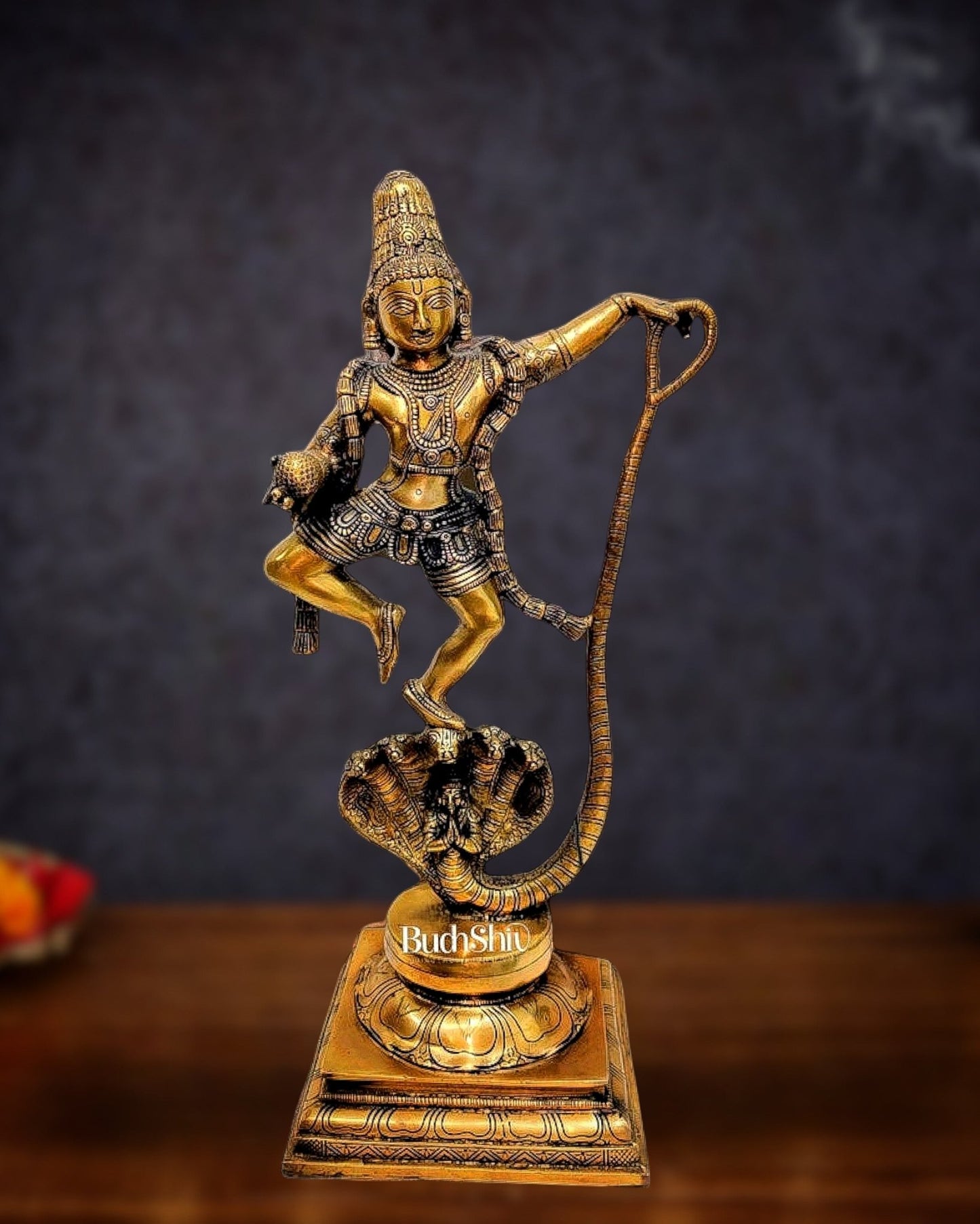 Krishna Dancing on Kaliya Naag: Brass Idol 20" - Budhshiv.com
