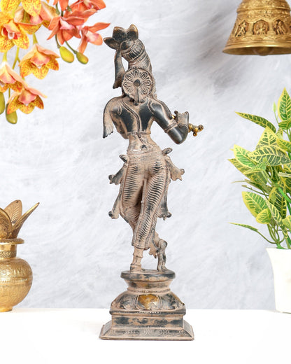 Krishna Pure Brass Statue with Sand Patina Finish – 14 Inches - Budhshiv.com