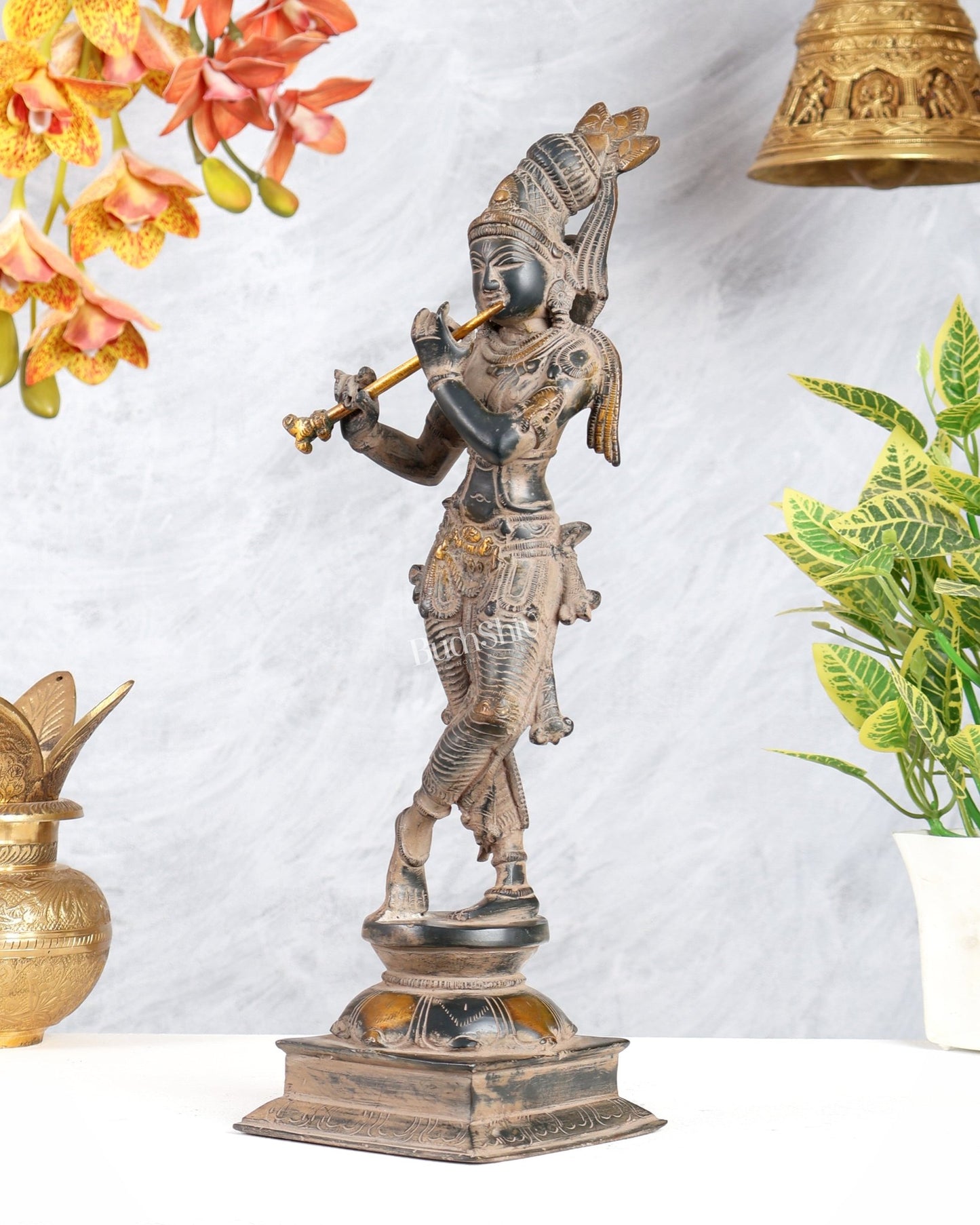Krishna Pure Brass Statue with Sand Patina Finish – 14 Inches - Budhshiv.com