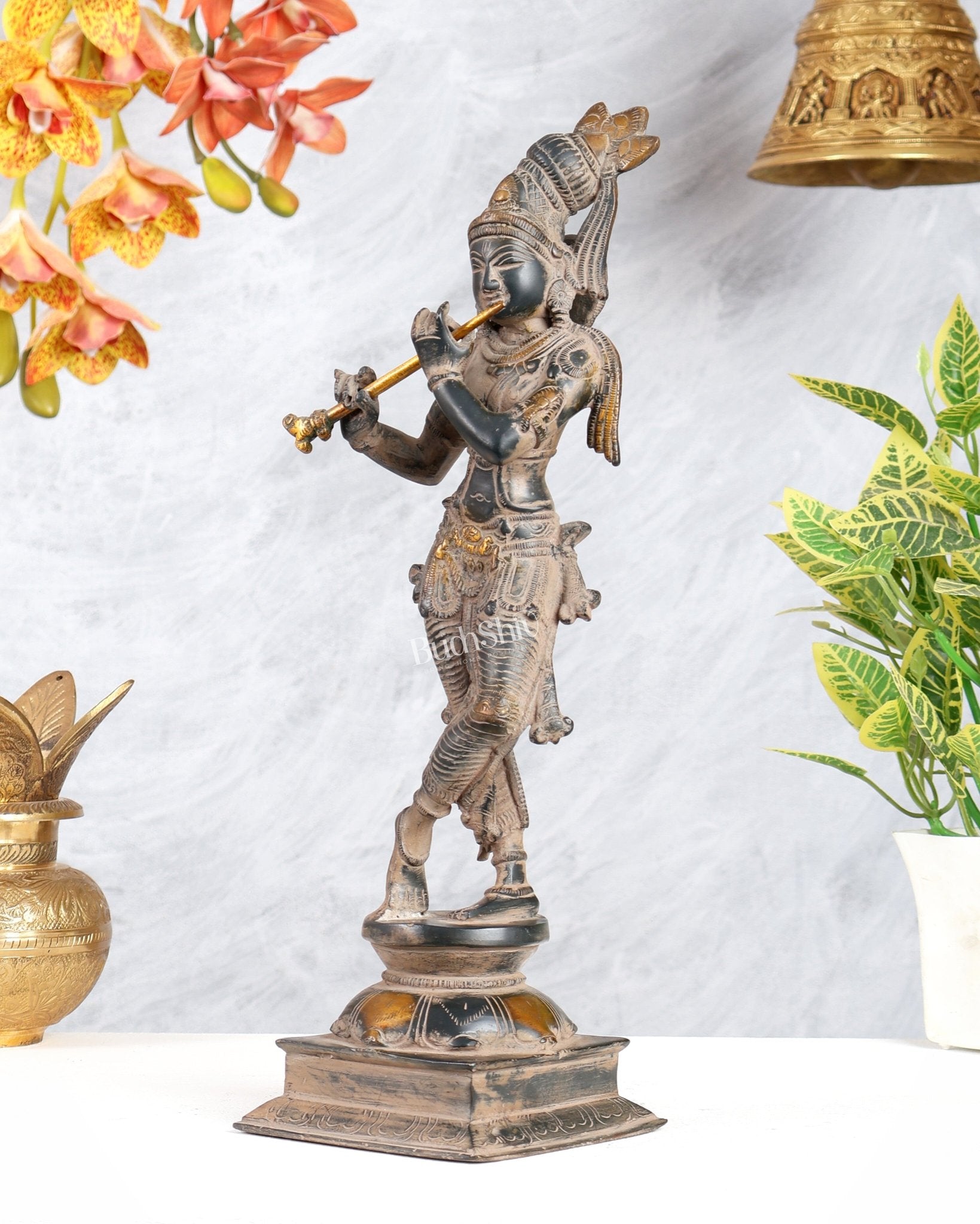 Krishna Pure Brass Statue with Sand Patina Finish – 14 Inches - Budhshiv.com