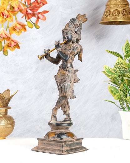 Krishna Pure Brass Statue with Sand Patina Finish – 14 Inches - Budhshiv.com