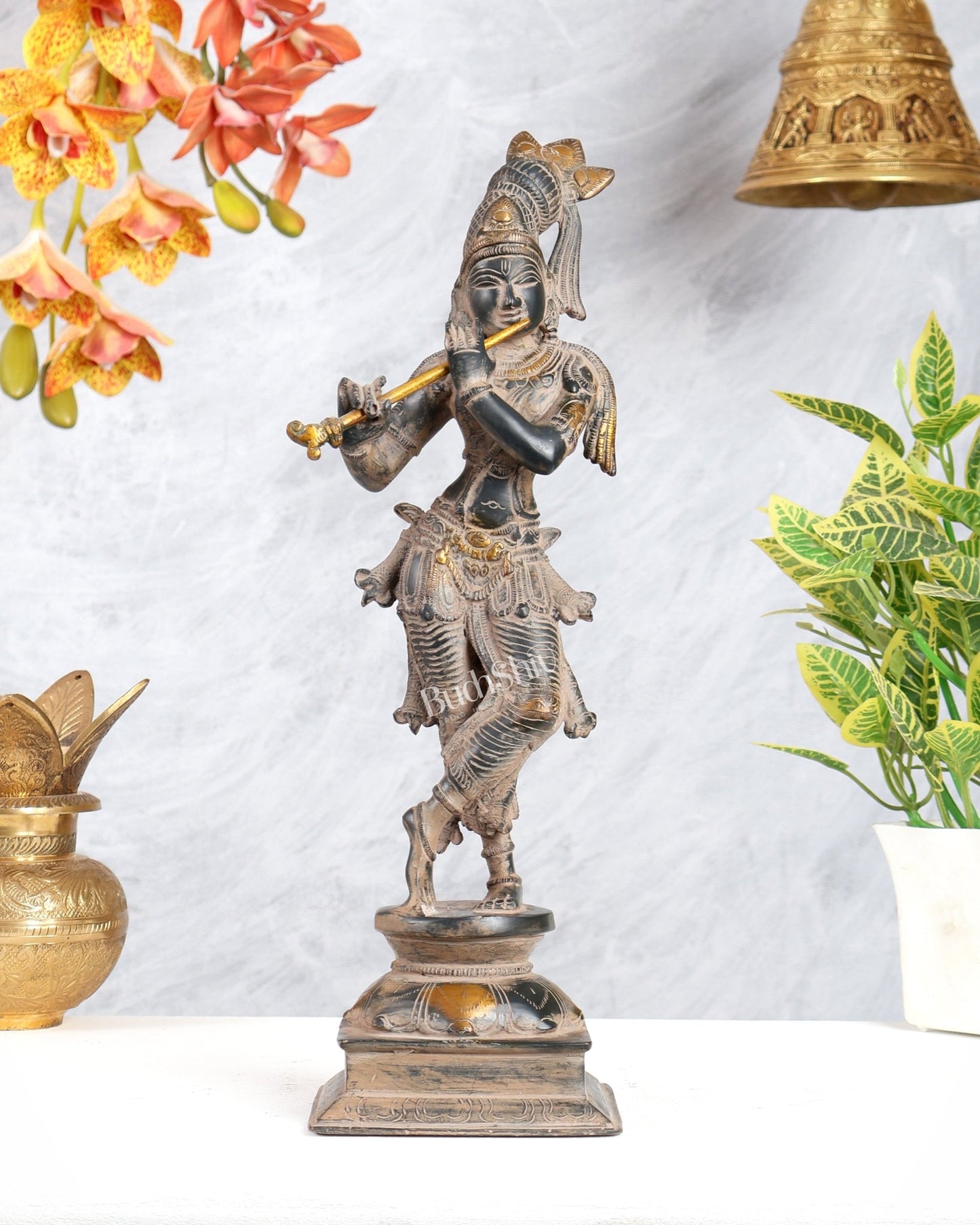 Krishna Pure Brass Statue with Sand Patina Finish – 14 Inches - Budhshiv.com